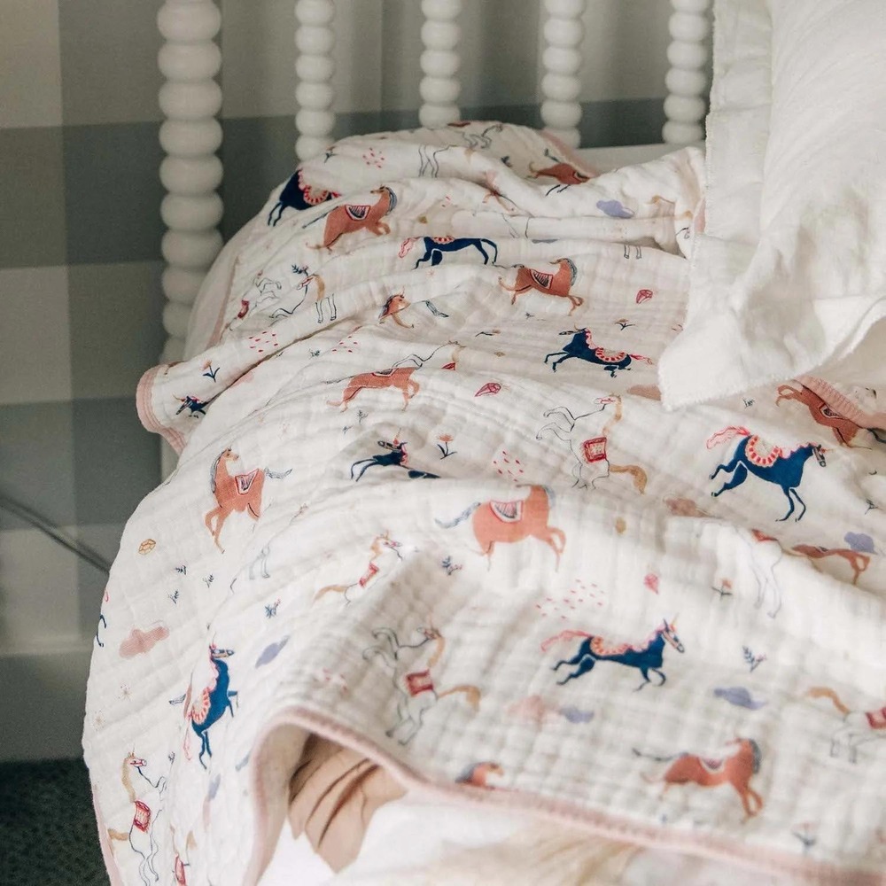 Red Rover Organic Cotton Muslin Quilt Carousel Horse Pink Navy White 40x36